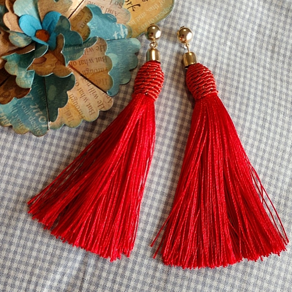NEW Red Tassel Earrings Fringe Shimmer Goldtone Cut Adjust Length Boho Pierced - Picture 3 of 7